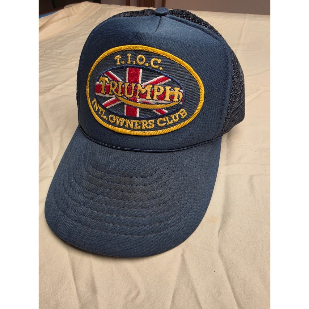 Vintage Triumph Trucker Hat Mens OSFA Navy Blue Good TIOC Intl Owners Club Patch